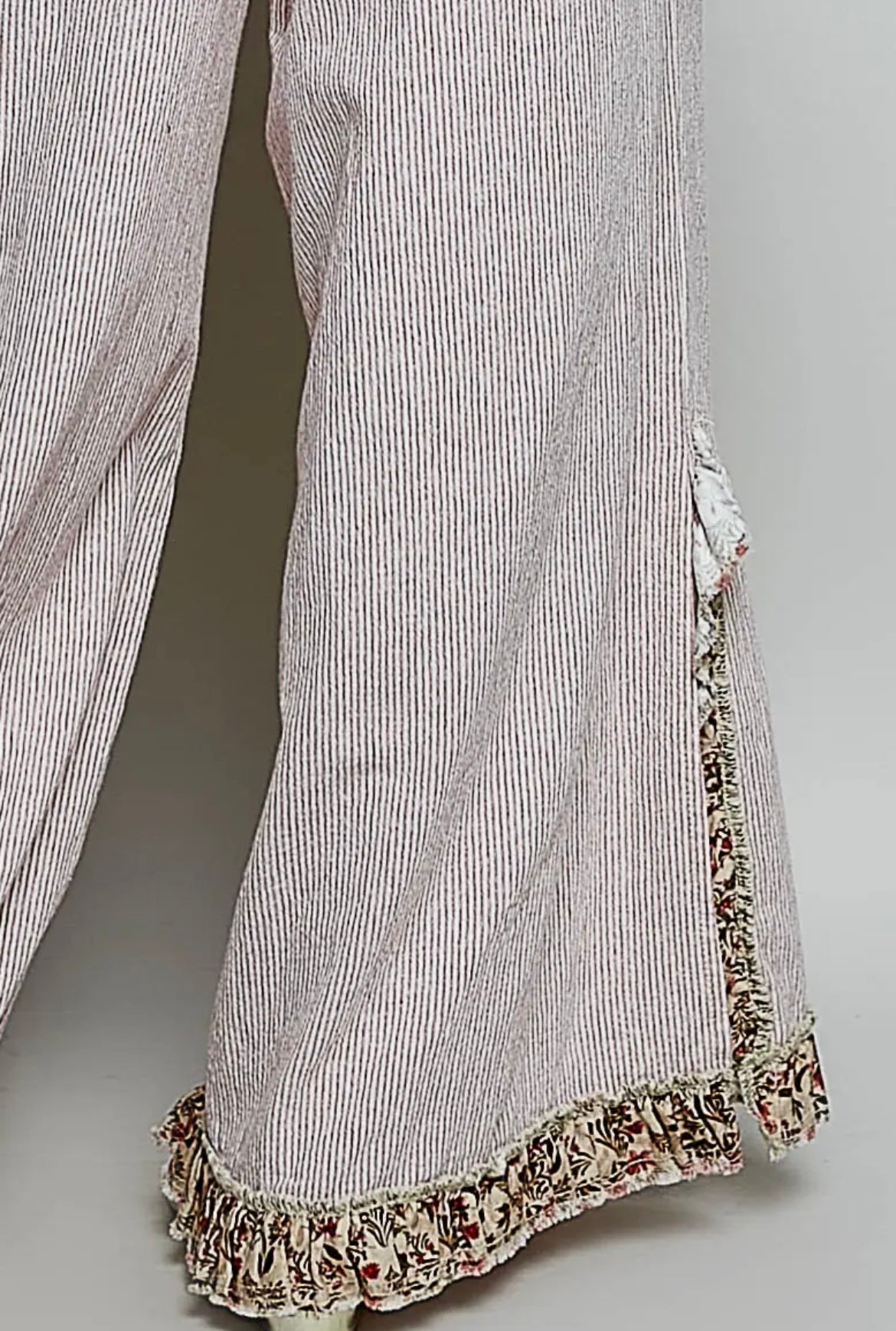 POL Blush Pinstripe Wide Leg Pants | Floral Trim Boho Palazzo Pants