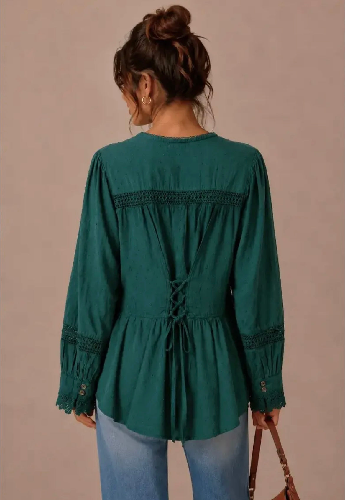 Emerald Lace Trim Button Blouse