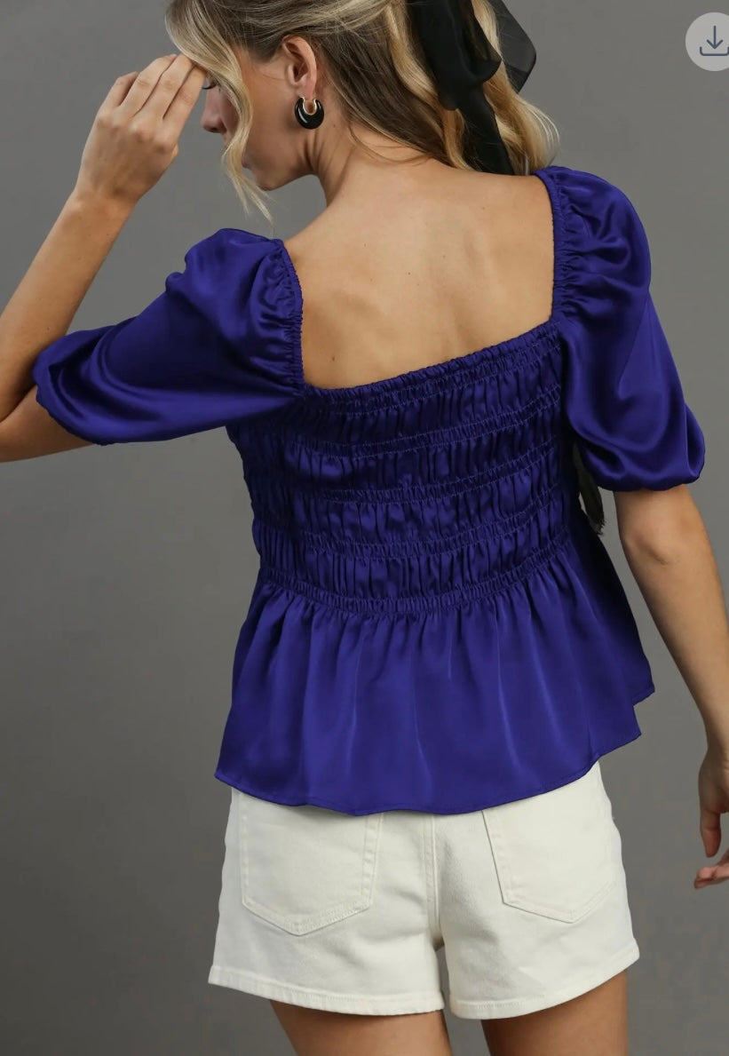The Midnight Muse Satin Smocked Peplum Top