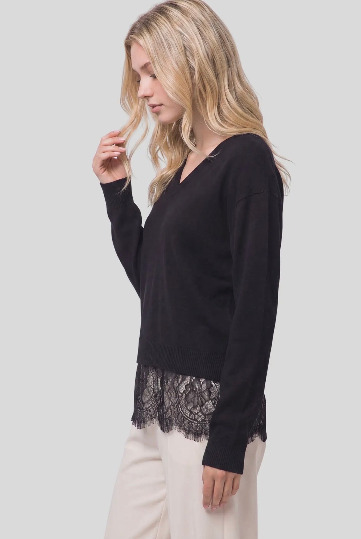 After Hours Lace Hem V-Neck Sweater