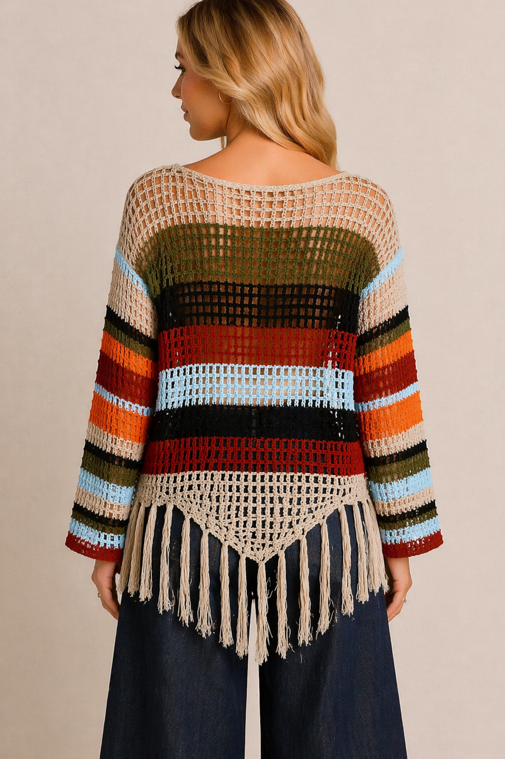 Boho Crochet Fringe Sweater – Lightweight Striped Open Knit Top