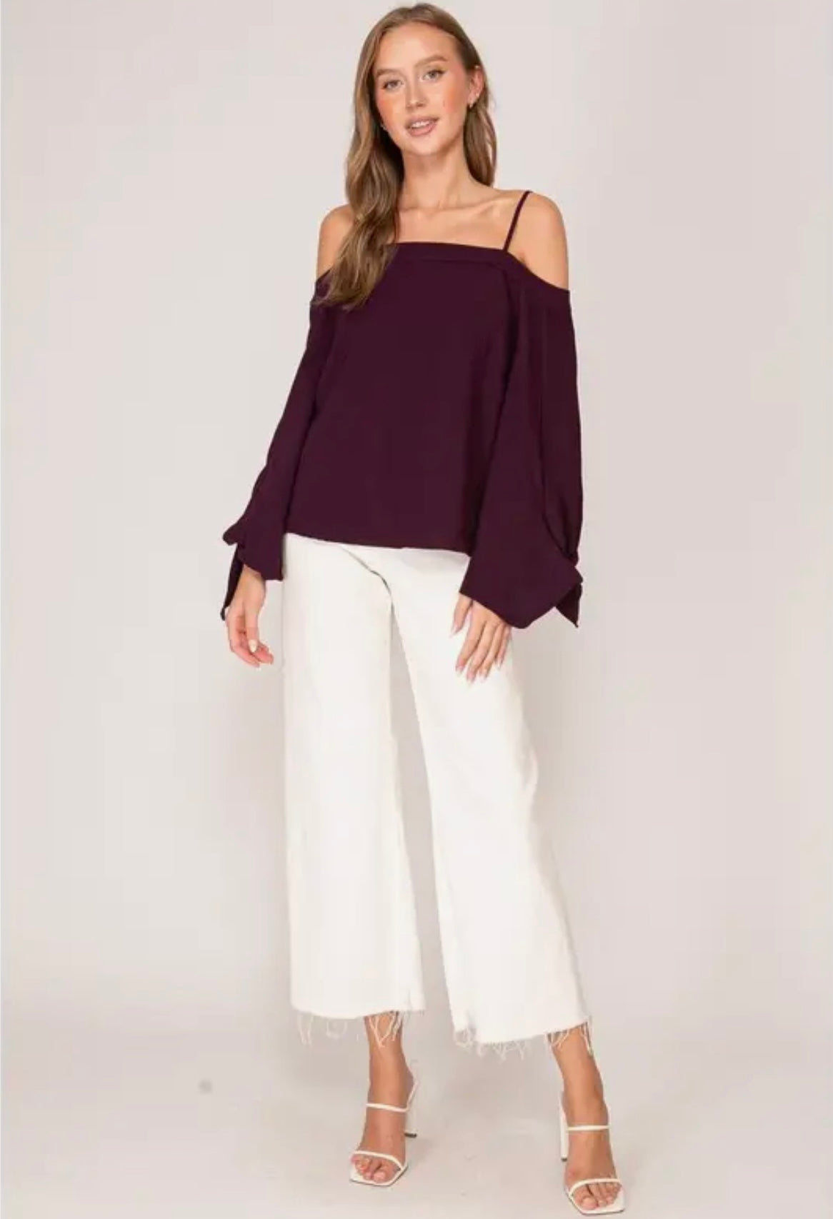 Plum Off-the-Shoulder Buckle Sleeve Blouse