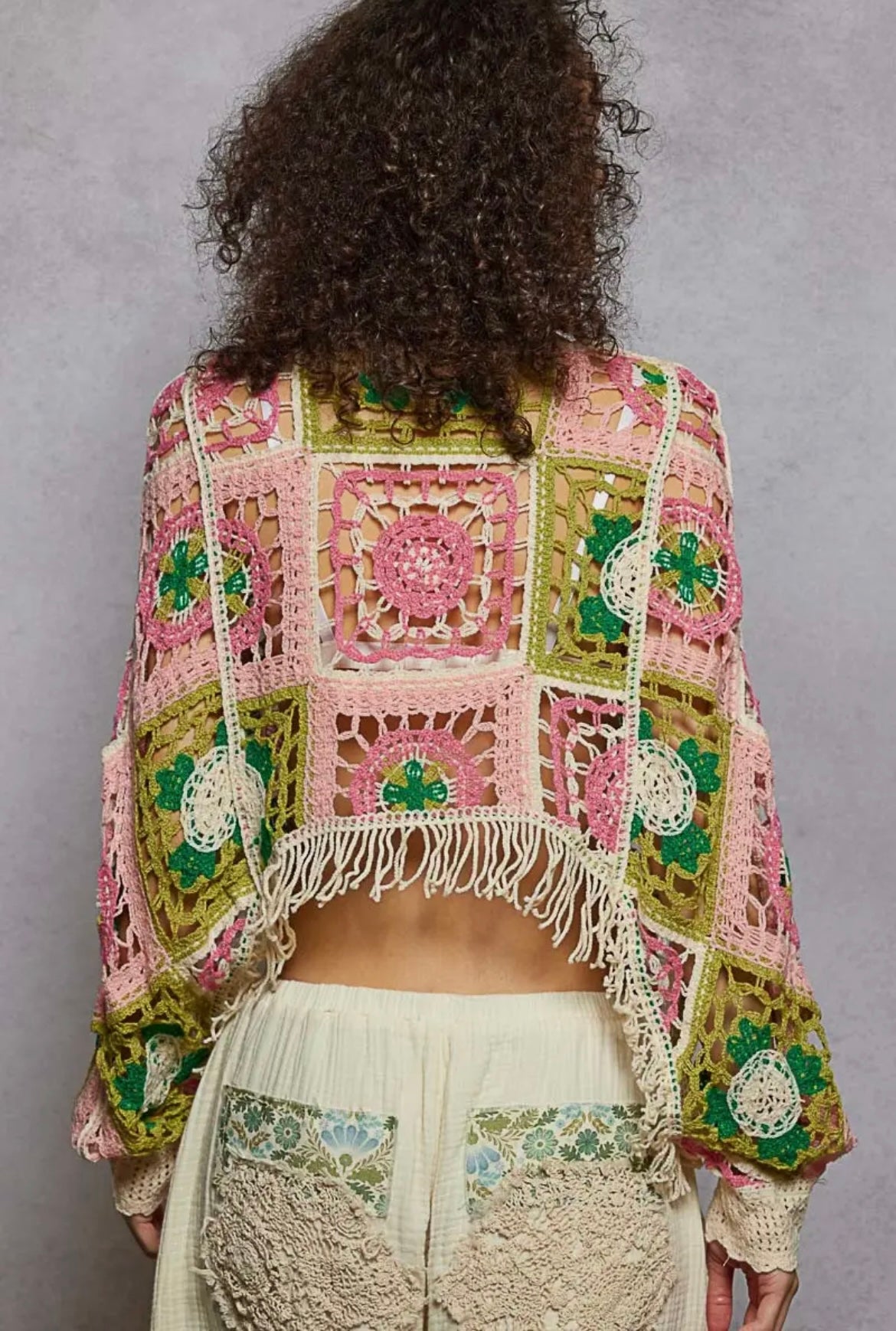POL, Boho Crochet Patchwork Fringe Sweater Top