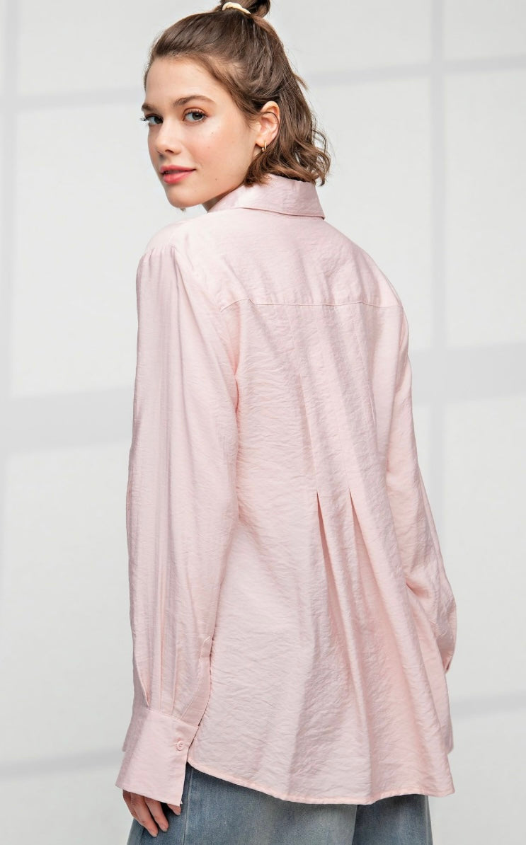 Blush Whisper Relaxed Button Down Blouse – Soft Flowing Collared Top