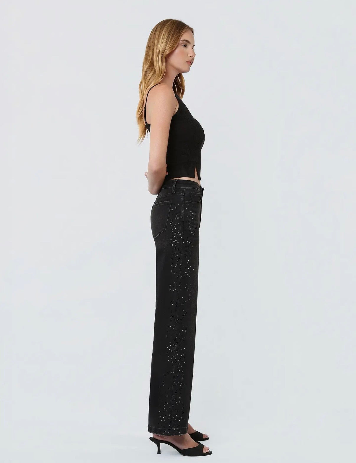 High Rise Black Rhinestone Embellished Wide Leg Jeans