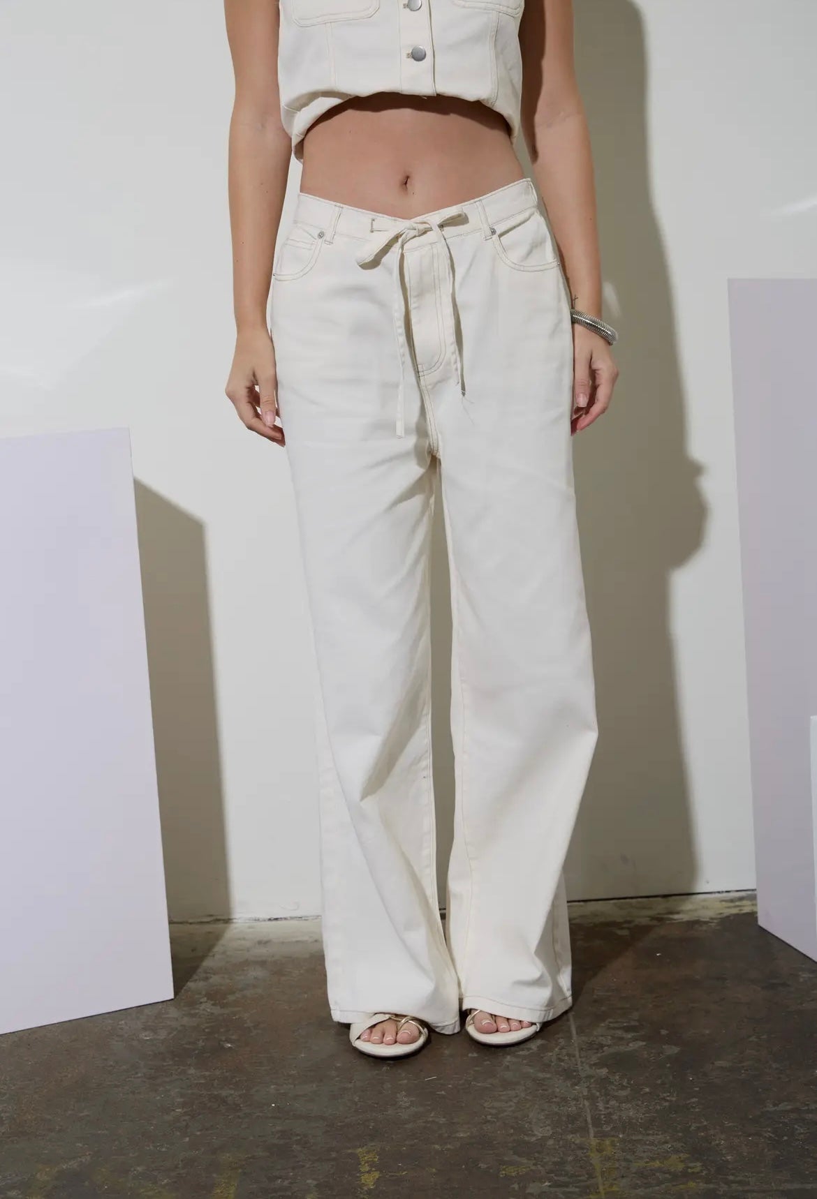 Coastal Breeze Drawstring Wide Leg Ivory Denim Pants