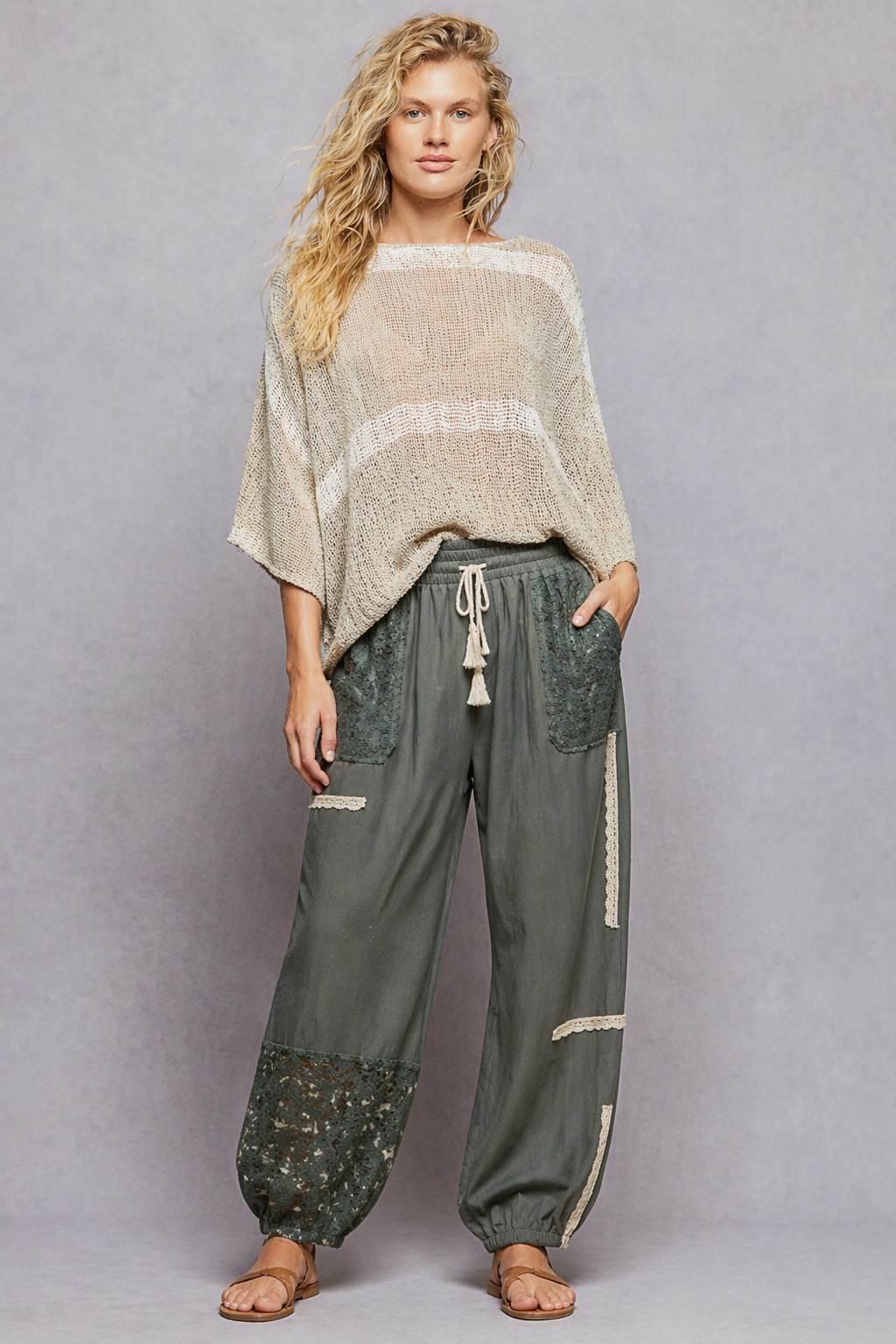 Lace Accent Patchwork Crochet Harem Jogger Pants