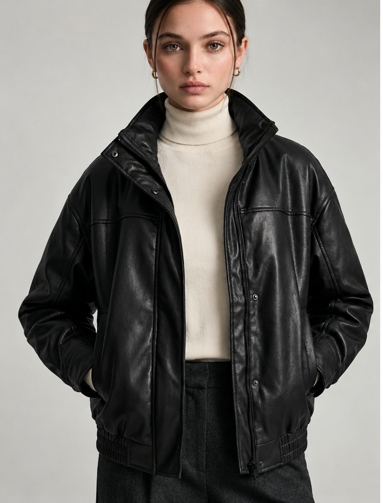 Women’s Oversized Vegan Leather Bomber Jacket | Black