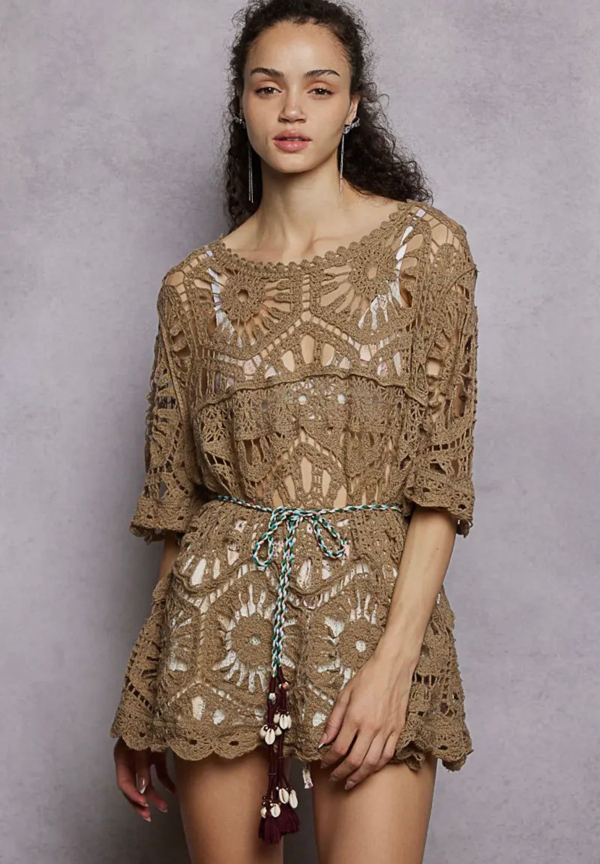POL, Boho Crochet Lace Tunic Top