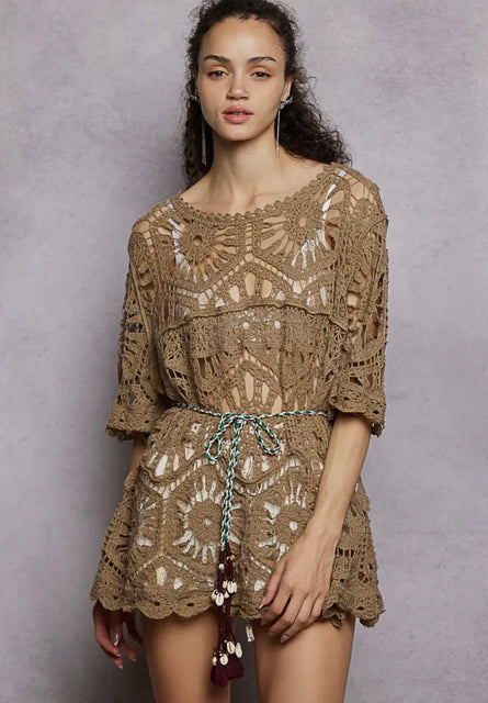 POL, Boho Crochet Lace Tunic Top