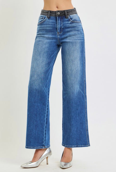 Risen, High Rise Grey Contrast Waistband Wide Leg Jeans