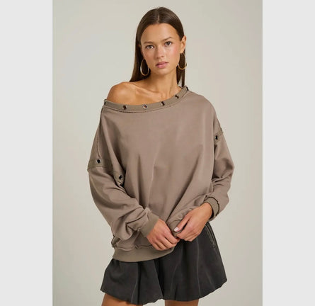 The Elevate, off the shoulder grommet embellished top