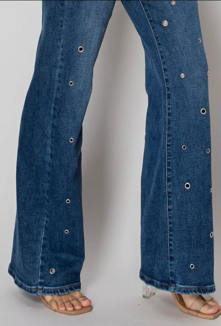 The Grommet, high rise wide leg embellished jeans