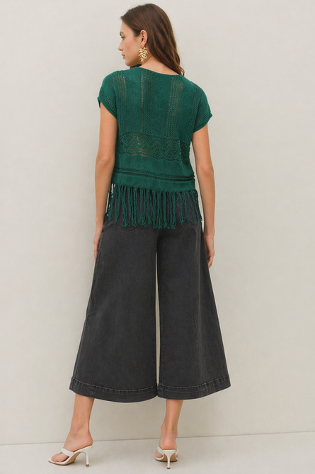 High Rise Black Wash Cropped Denim Gaucho Pants