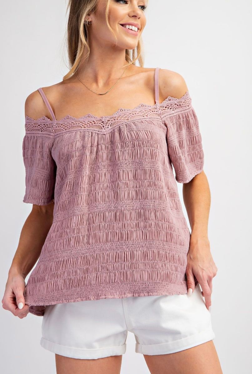 Blush Romance Smocked Lace Trim Top