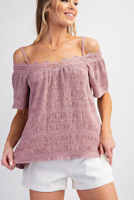 Blush Romance Smocked Lace Trim Top