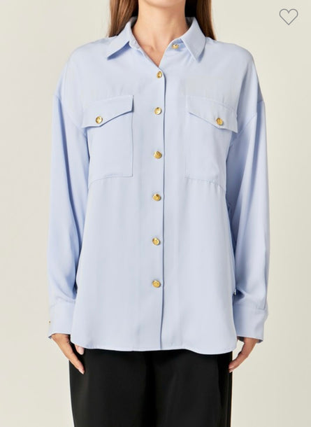 Soft Baby Blue, Gold button down blouse