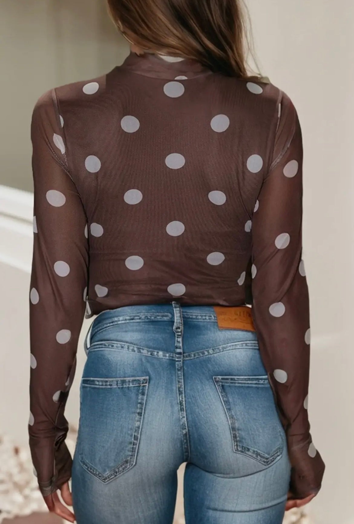 Polka dot, sheer mesh bodysuit with thumb holes