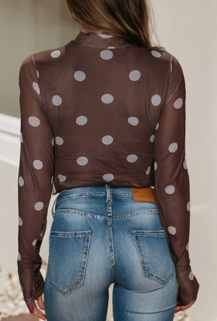 Polka dot, sheer mesh bodysuit with thumb holes