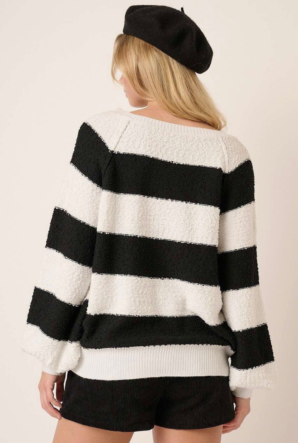 Black & Ivory Striped Textured V-Neck Sweater