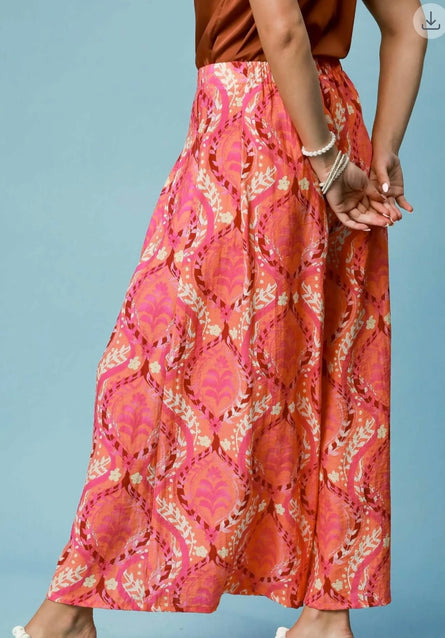 Boho Coral Paisley Wide Leg Palazzo Pants | Lightweight Resort Style Pants