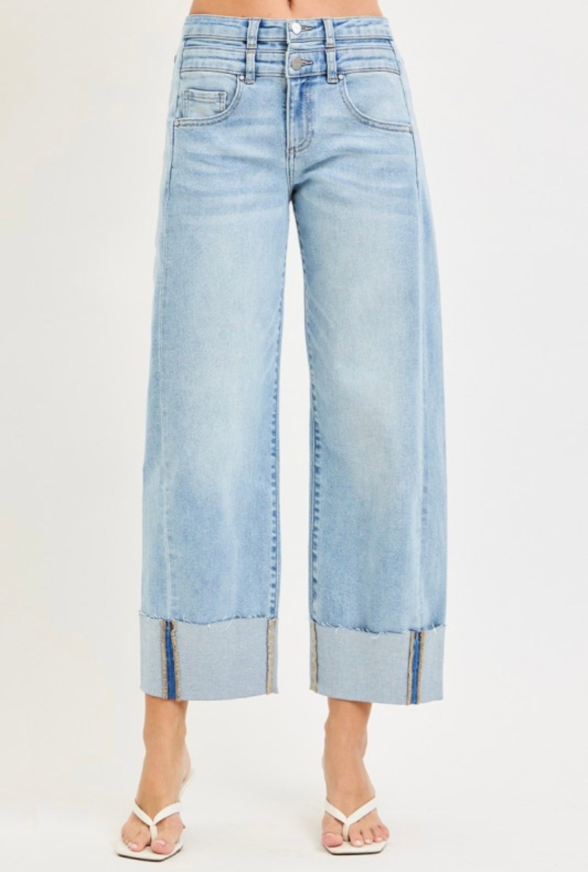 Risen, high-rise double button cuffed barrel jeans