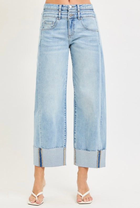 Risen, high-rise double button cuffed barrel jeans