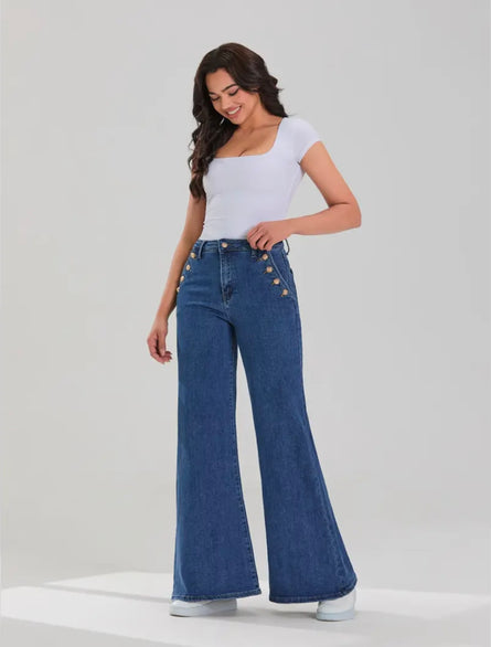High Rise Sailor Wide Leg Jeans | Women’s Dark Wash Gold Button Denim
