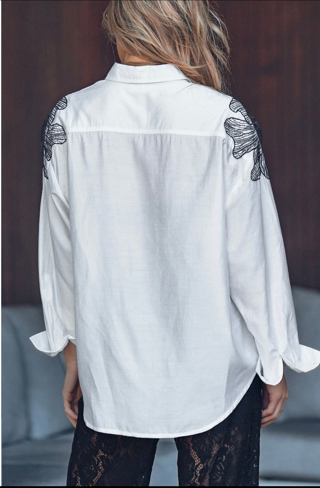 White Embroidered Flower Shoulder Button-Up Shirt