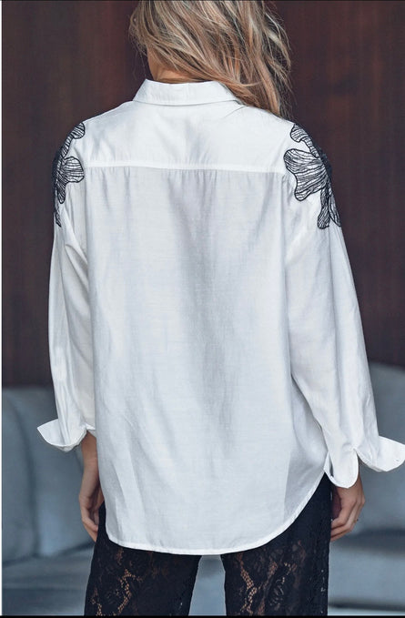 White Embroidered Flower Shoulder Button-Up Shirt