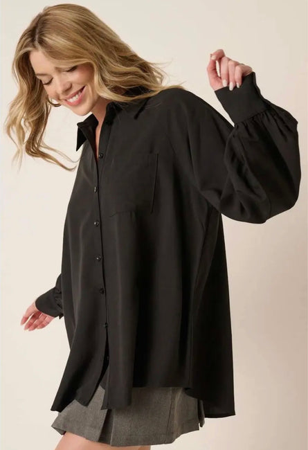 Effortless Black Oversized Button Down Tunic Top