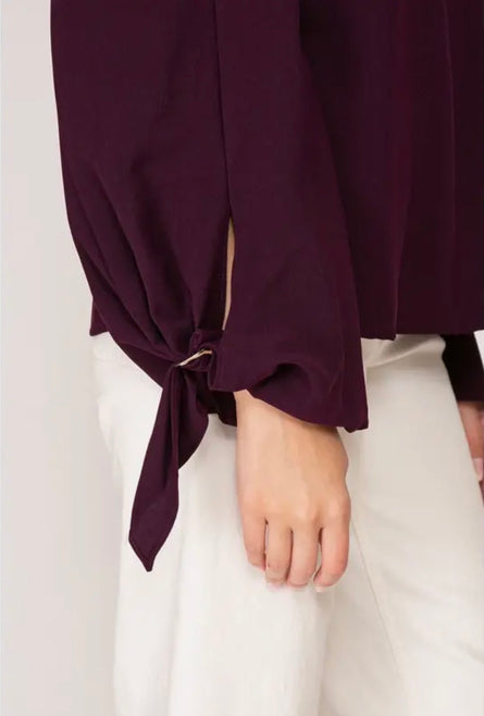 Plum Off-the-Shoulder Buckle Sleeve Blouse