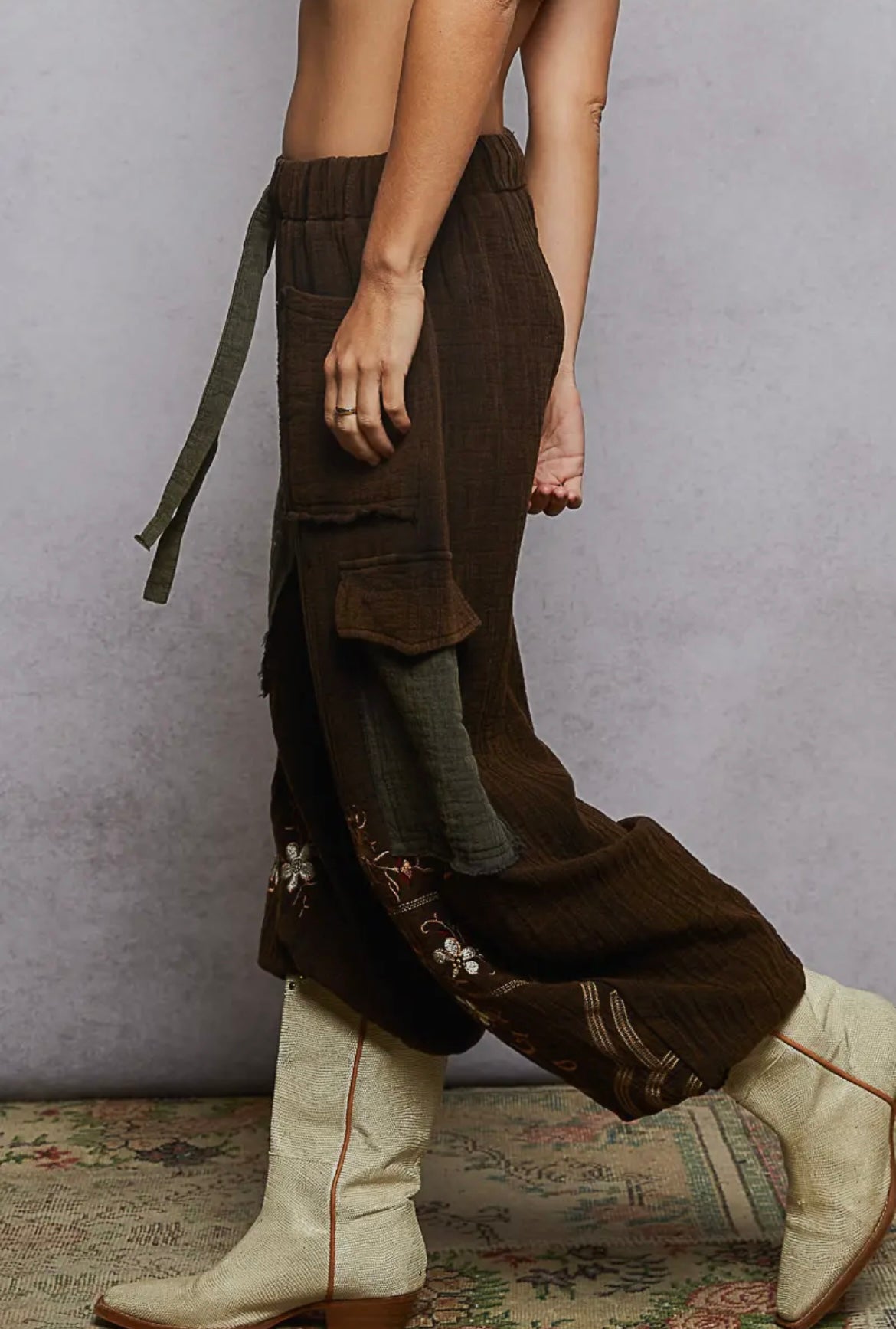 Night Bloom, floral embroidered joggers