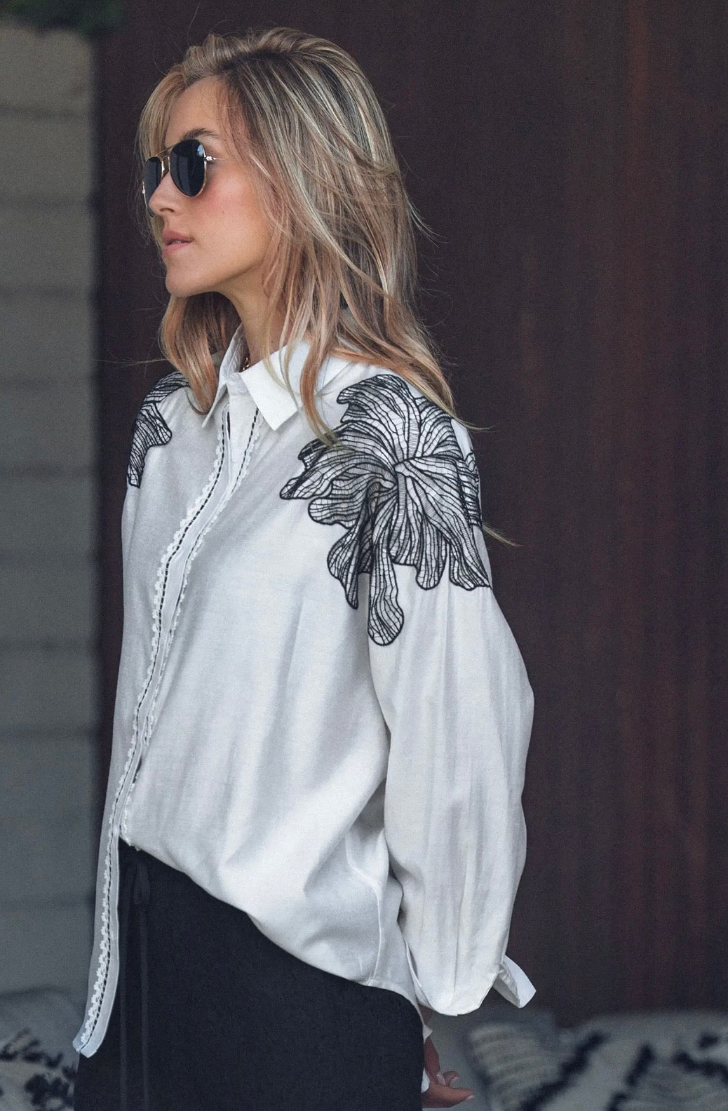 White Embroidered Flower Shoulder Button-Up Shirt