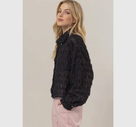 Katelyn, textured sheer sparkle button blouse