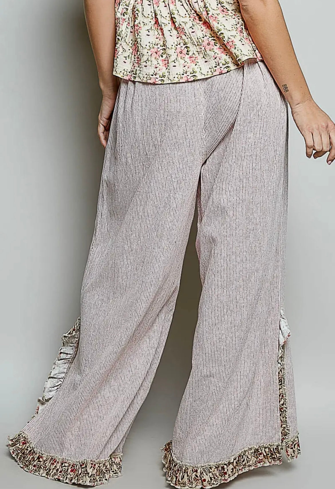POL Blush Pinstripe Wide Leg Pants | Floral Trim Boho Palazzo Pants
