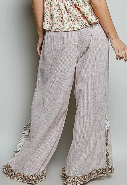 POL Blush Pinstripe Wide Leg Pants | Floral Trim Boho Palazzo Pants