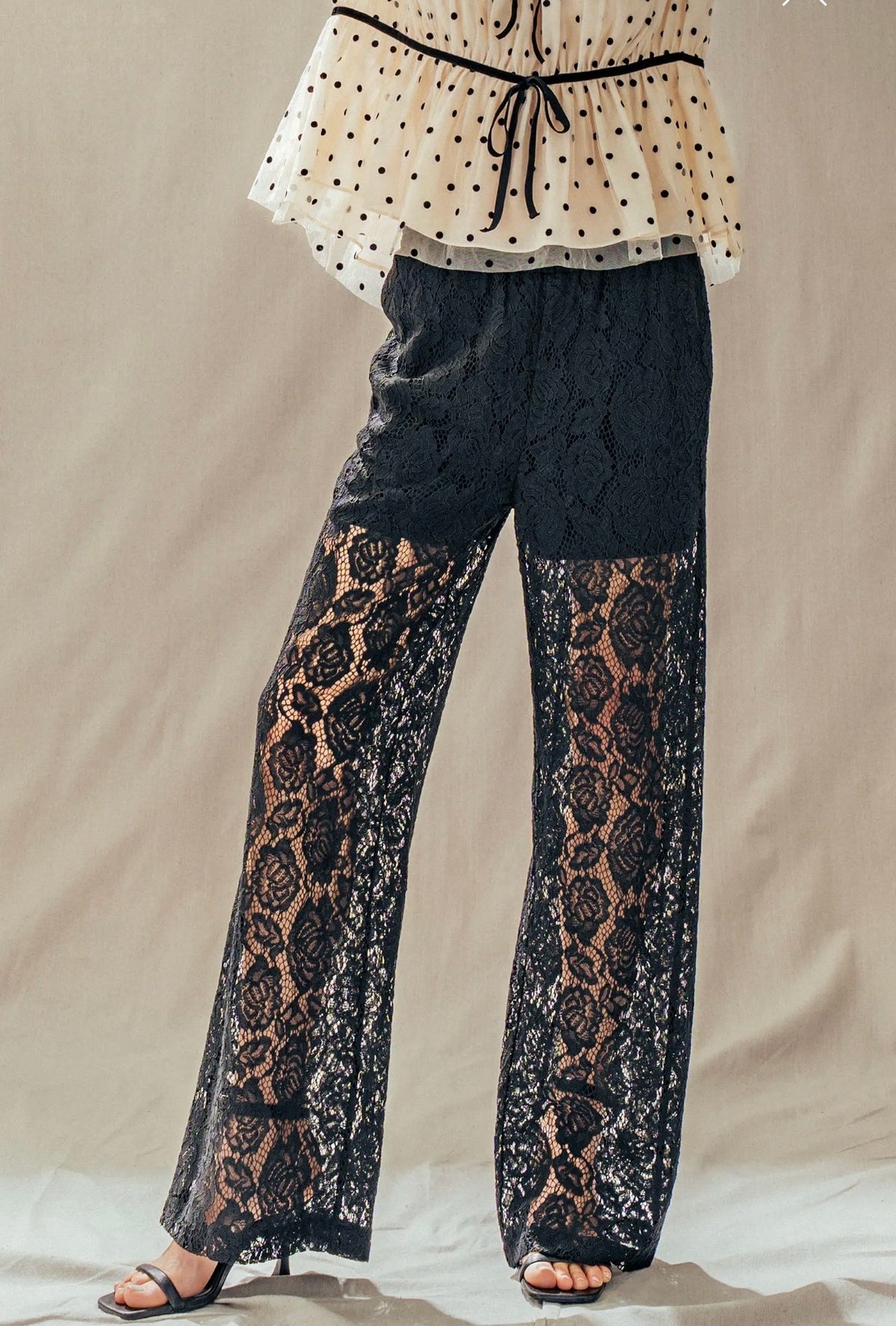 Black Lace Wide-Leg Pants - Elegant Sheer Overlay