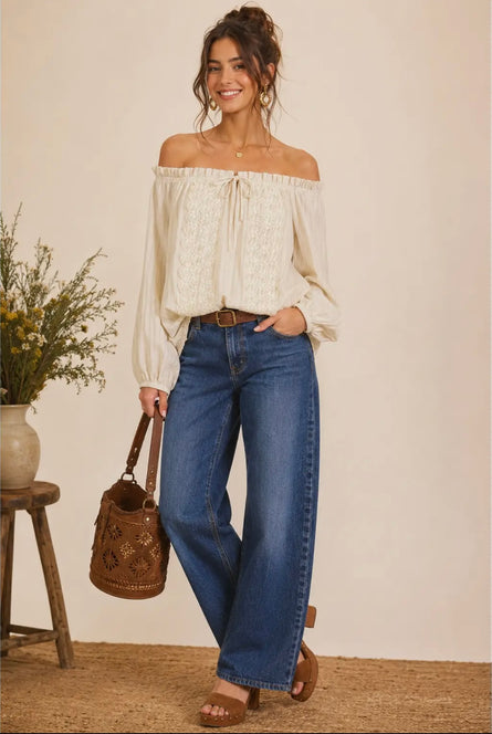 Women’s Ivory Off Shoulder Smocked Lace Blouse