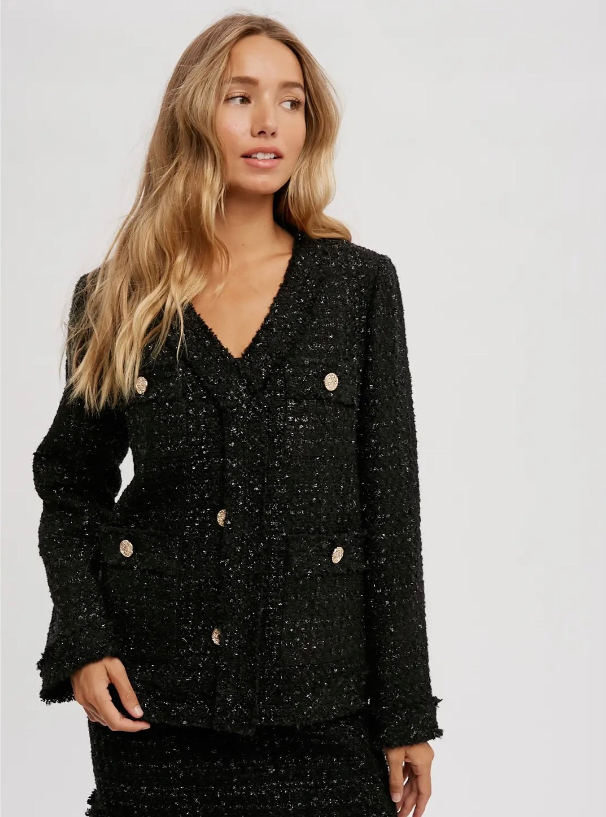 French Chic Black Bouclé Jacket with Gold Buttons