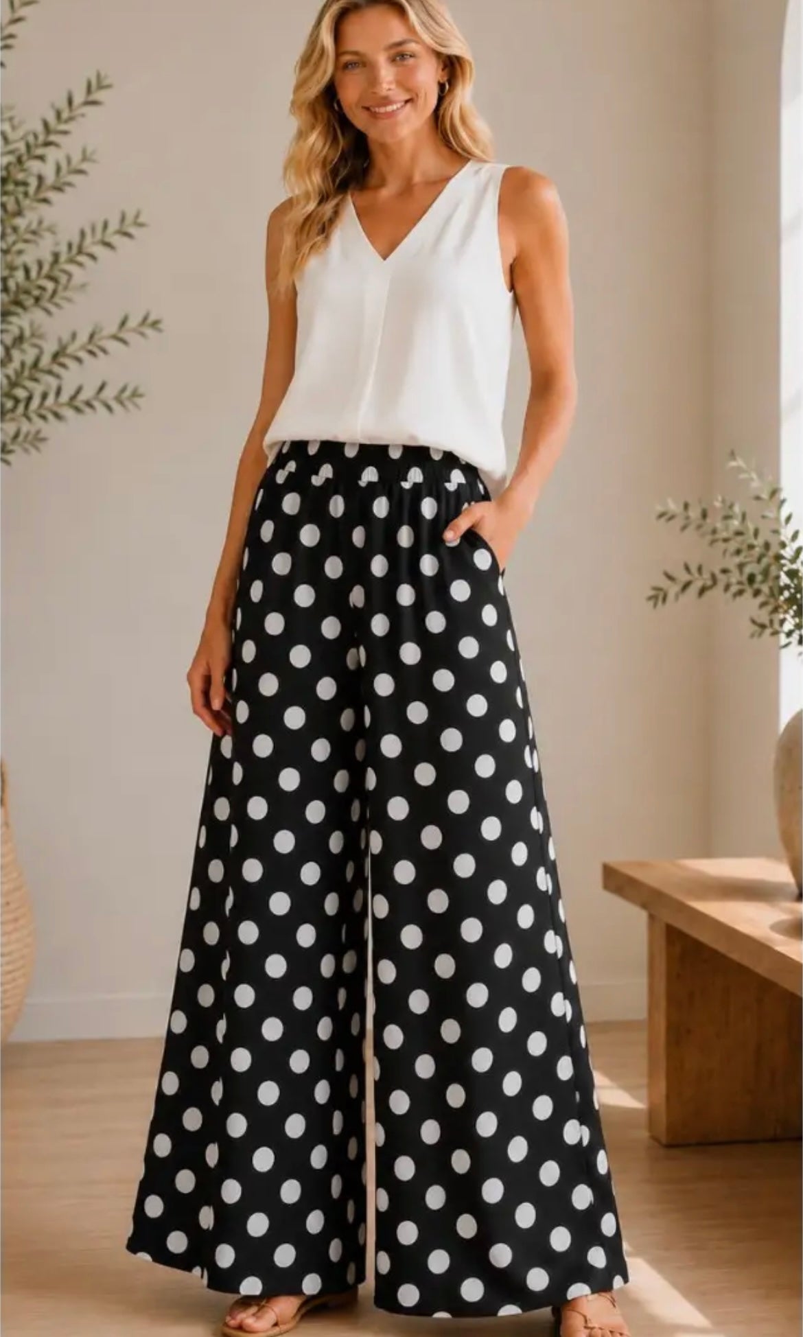 Black & White Polka Dot Wide Leg Pants