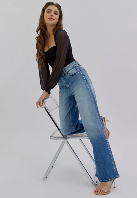 The Stud, Embellished stud detail wide leg jeans