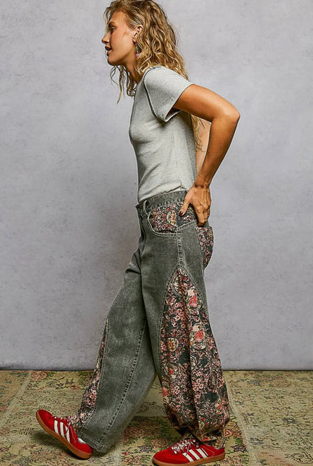 POL, Floral insert Washed Black Barrel pants