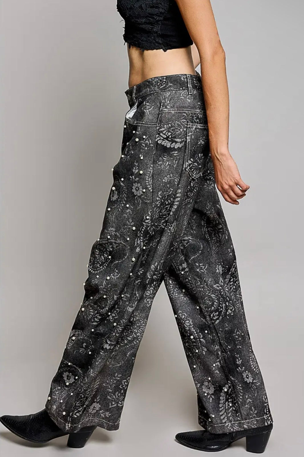 Vintage Washed Paisley Pearl Embellished Wide Leg Pants