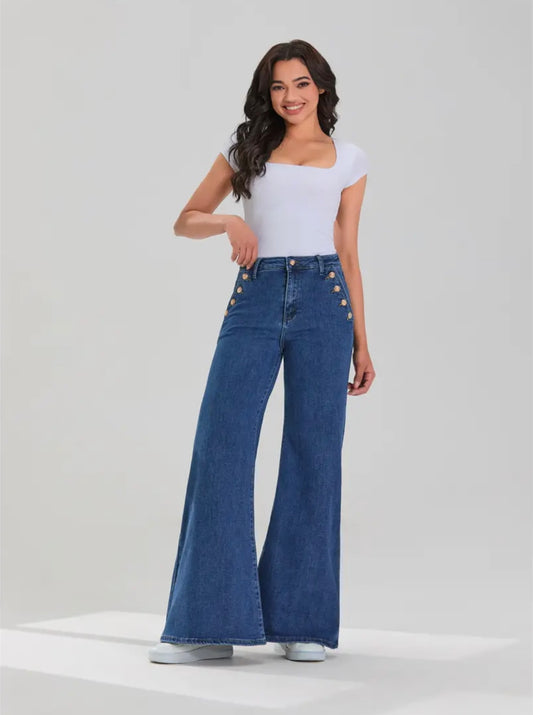 High Rise Sailor Wide Leg Jeans | Women’s Dark Wash Gold Button Denim