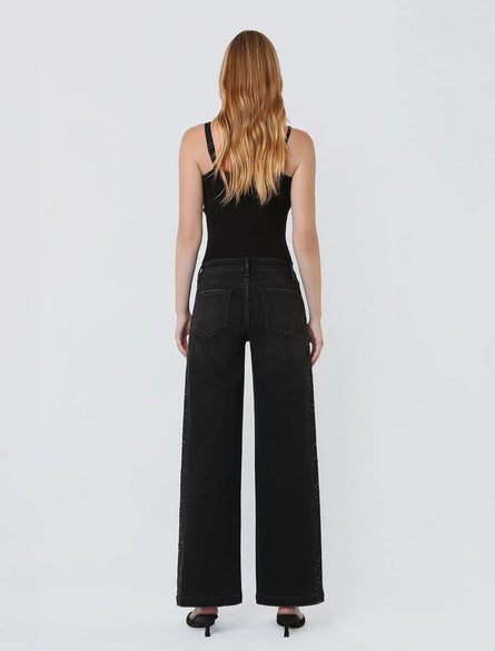 High Rise Black Rhinestone Embellished Wide Leg Jeans