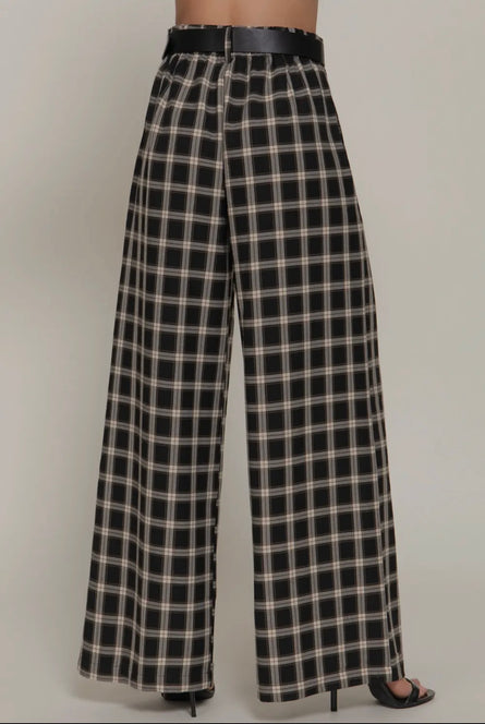 Plaid about you, Belted wide leg palazzo pant