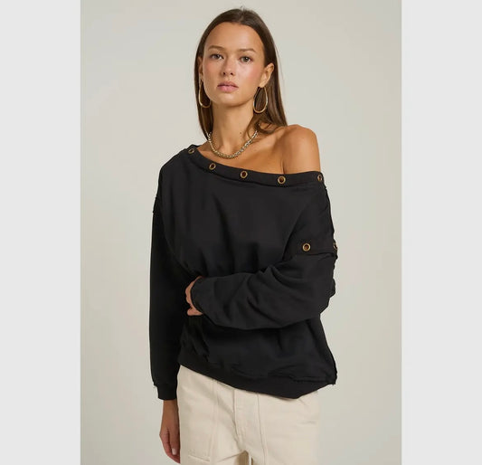 The Elevate, off the shoulder grommet embellished top