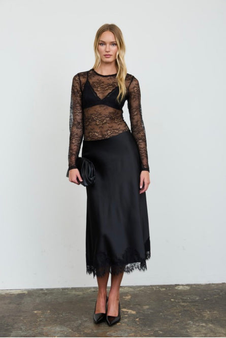 Black Stretch Lace Bodysuit | Sheer Long Sleeve Floral Lace Top