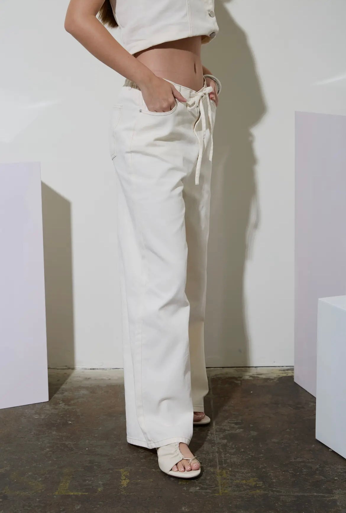Coastal Breeze Drawstring Wide Leg Ivory Denim Pants